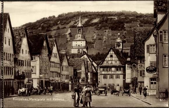 Postcard Künzelsau in the Hohenlohe district, market square with town hall