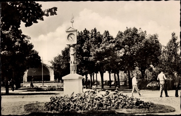 Postcard Ostseebad Ahlbeck on Usedom, clock, beach promenade, trees, walkers