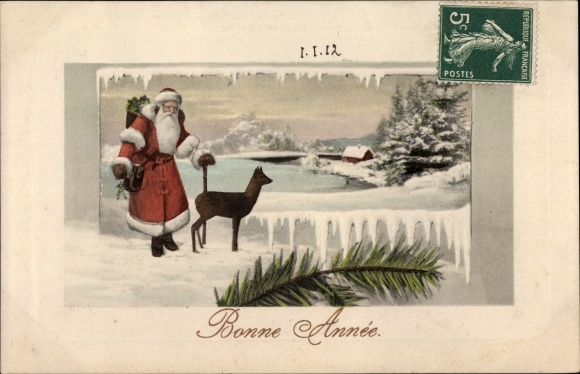 Ak Glückwunsch Neujahr, Winterlandschaft mit Weihnachtsmann und Reh