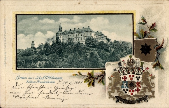Embossed Coat of Arms Passepartout Postcard Bad Wildungen in Hessen, Schloss Friedrichstein