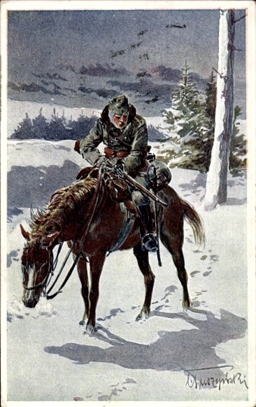 Künstler Ak KuK Soldat im Winter auf einem Pferd, Hilfsaktion Kälteschutz