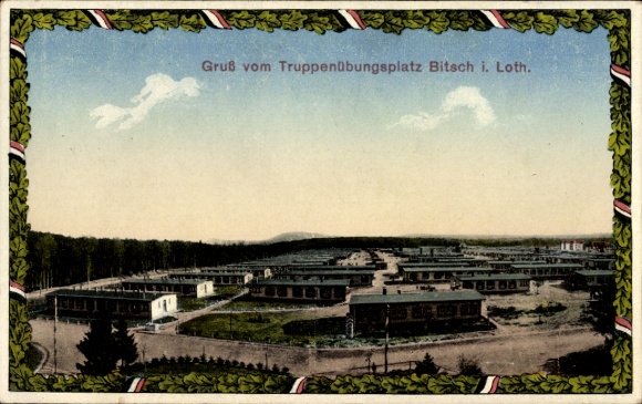 Passepartout Ak Bitche Bitsch Lothringen Moselle, Truppenübungsplatz, Blick über die Dächer