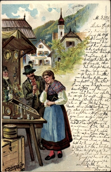 Kunstenaar litho Döcker, E., geliefden bij de juwelierszaak, kerk