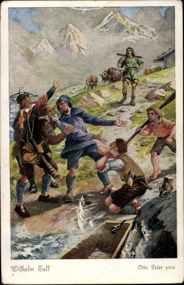 Kunstenaarskaart Peter, Otto, Wilhelm Tell, aan het meer van Luzern
