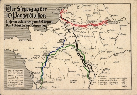 Map Postcard German Wehrmacht, Victory Parade 10th Panzer Division, Western Campaign, General Ferdinand Schaal