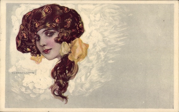 Artist Postcard Corbella, T., woman portrait, cap, hair bow