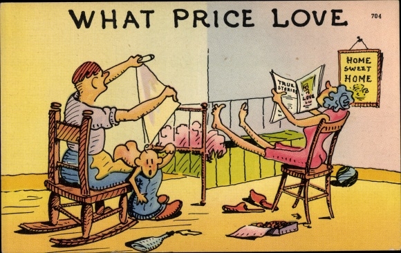 Postcard couple with child, what price love, diaper change, cot