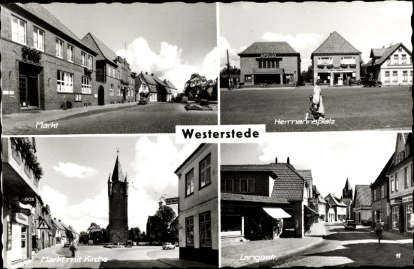 Postcard Westerstede in Oldenburg Ammerland, market, Hermannsplatz, church, Langestraße