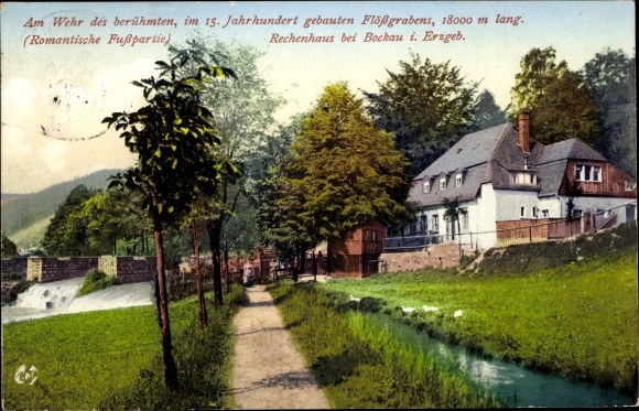 Postcard Rechenhaus Bockau in the Ore Mountains, at the weir of the raft ditch