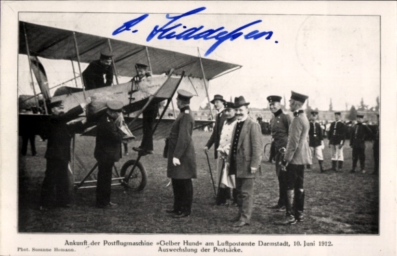 Ak Postflugmaschine Gelber Hund, Luftpostamt Darmstadt, 10.6.1912, Lt. von Hiddessen, Autogramm
