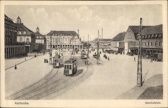 Ak Karlsruhe in Baden, Bahnhofplatz mit Straßenbahnhaltestelle