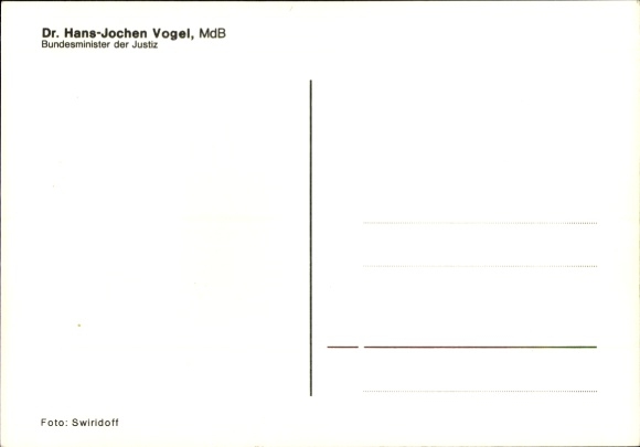 Photo Dr. Hans Jochen Vogel, Federal Minister of Justice, portrait, autograph