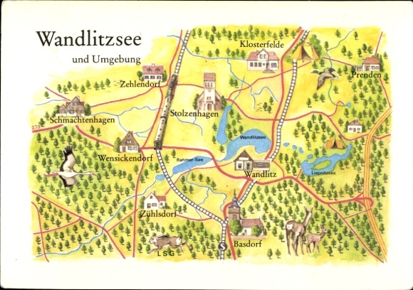 Maps Postcard Wandlitz in der Mark, Schmachtenhagen, Basdorf, Klosterfelde, Prenden
