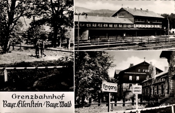Ak Bayerisch Eisenstein in Niederbayern, Grenzbahnhof, Eingang, Landesgrenze, Schranke