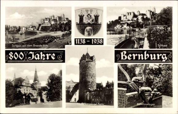 Postcard Bernburg an der Saale, Various views of the castle, spa house, old towers, 800 years