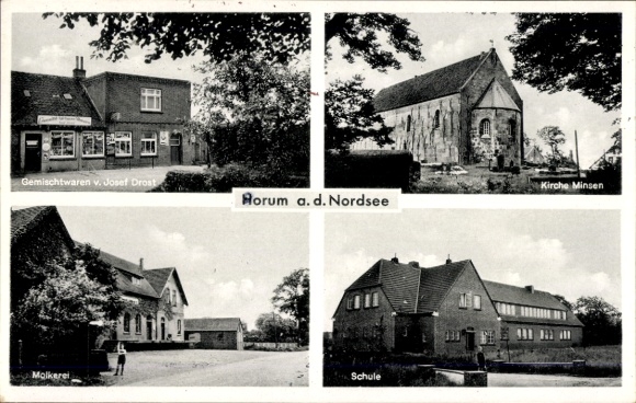 Postcard Horum Wangerland in Friesland, Minsen church, dairy, school, shop