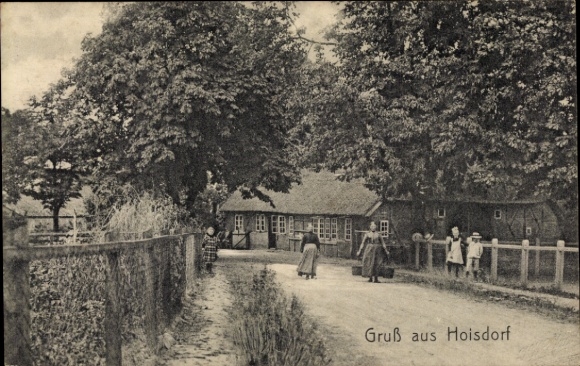 Postcard Hoisdorf in Schleswig-Holstein, greetings from Landstraße, houses, trees, people