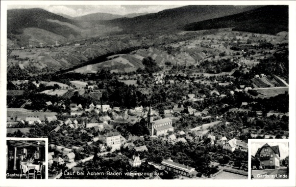 Postcard Achern in the Ortenau district of Baden-Württemberg, aerial photograph, Gasthaus zur Linde