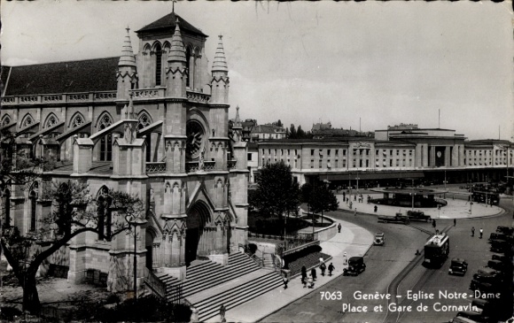 Postcard Geneva Geneva Switzerland, Church of Notre Dame, Place and Gare de Cornavin