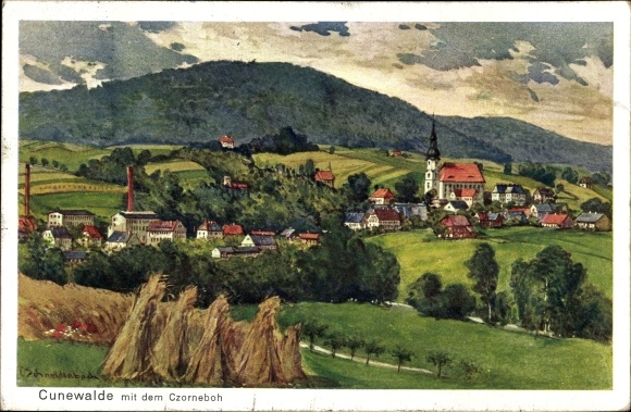 Artist PC Schneidbach, Cunewalde in Lusatia, partial view of the place, church, field, hay