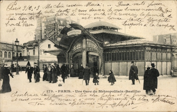Postcard Paris XII., Metropolitain Station, Place de la Bastille, subway station
