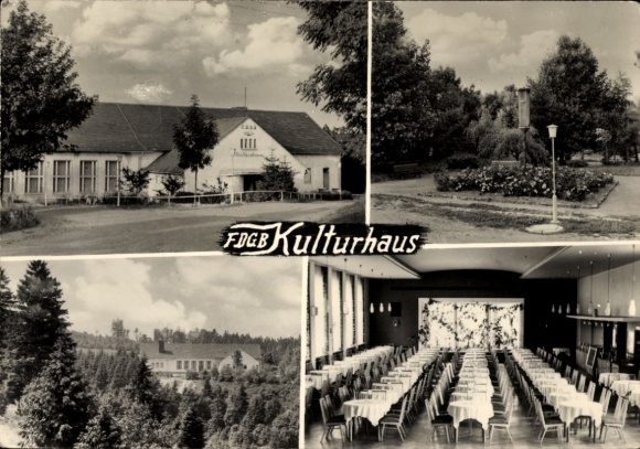 Postcard Schmiedefeld am Rennsteig Suhl, Rennsteig train station, FDGB cultural center, garden landscape, interior...