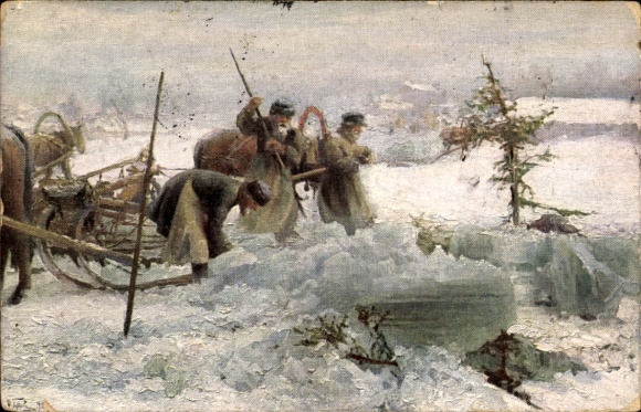 Artist Postcard Gorochow, I., Russia, Ice transport, sleigh teams