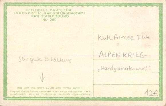 Artist Postcard Kuk Army in the Alpine War, Corporal Rudolf Fellner, Hand Grenade Throwing, WWI