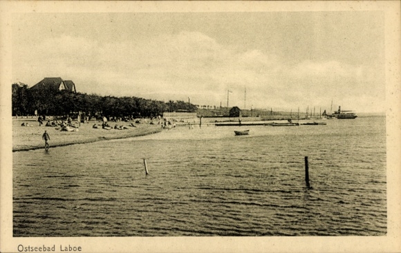 Postcard Ostseebad Laboe, Baltic Sea resort, beach, water tourism, boats, people, coastal view