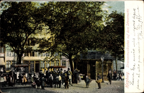 Postcard Hamburg, street musicians on the Schaarmarkt