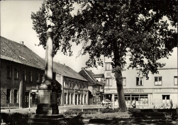 Postcard Goldberg in Mecklenburg, monument, shop