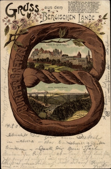 Brezel Chromo-Litho Burg an der Wupper Solingen, castle, Kaiser Wilhelm bridge