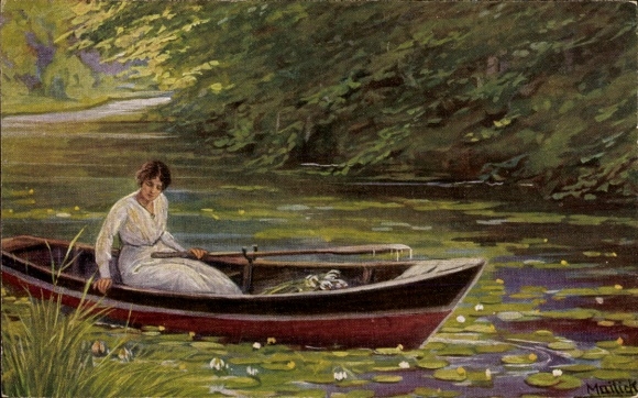 Artist Postcard Mailick, Woman in a Rowing Boat, Water Lilies, Water Lilies
