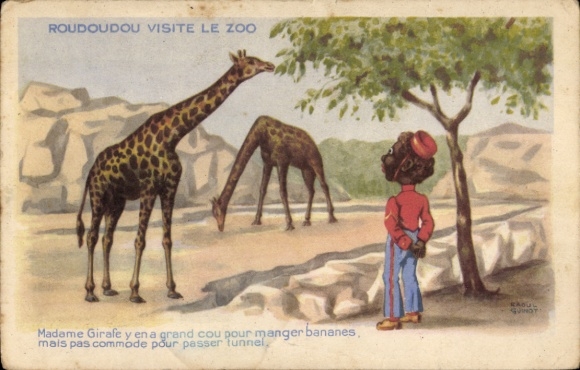 Artists Postcard Guinot, Raoul and Roudoudou visit the zoo to eat bananas