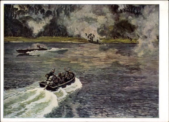 Artist PC Lebrecht, Georg, crossing over the Upper Rhine, Wehrmacht, HDK 180, Heinrich Hoffmann