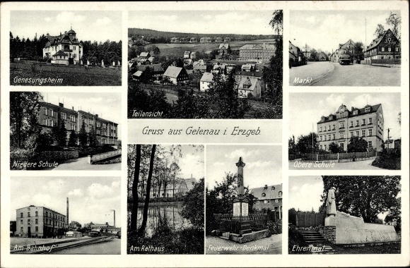 Postcard Gelenau in the Erzgebirge of Saxony, convalescent home, at the train station, at the town hall, memorial, school, market