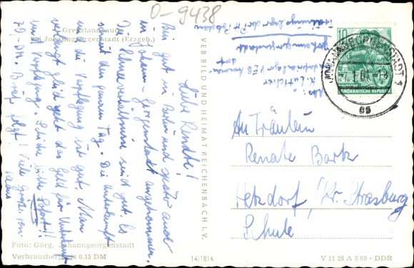 Postcard Johanngeorgenstadt in the Erzgebirge of Saxony, border country cottage in winter