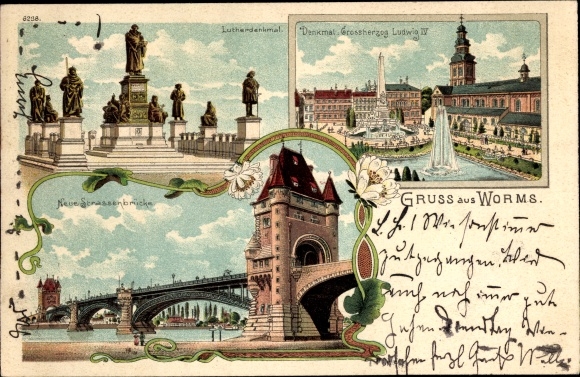 Chromo-Litho Worms, Luther Monument, New Road Bridge, Grand Duke Ludwig IV Monument