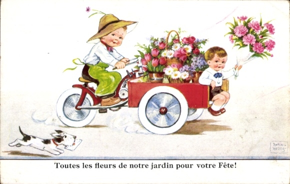 Artist Postcard Wills, John, Children on a motorcycle, loading area, flowers