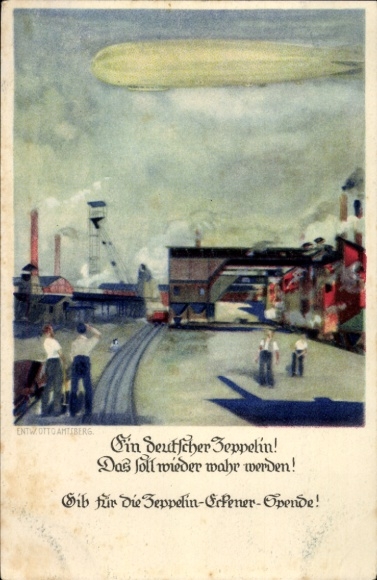 Artist Postcard Amtsberg, Otto, A German Zeppelin, Eckener donation, airship, industrial facilities