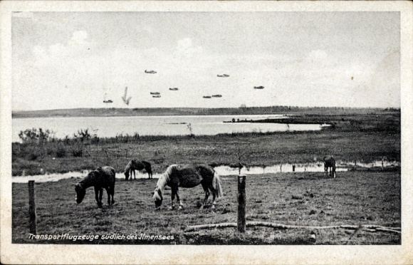 Picture of German transport aircraft south of Lake Ilmen, Russia, horses, pasture