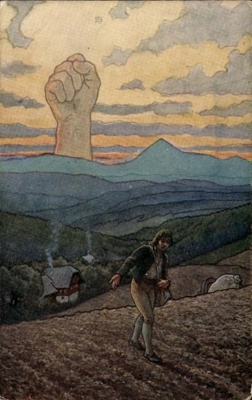 Artist Postcard Malá Úpa Kleinaupa Giant Mountains, Snezka, raised fist, sower in a field