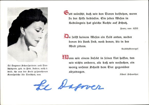 Postcard actress Lil Daagover, animal rights activist, quotes, Thou shalt not harm any creature...