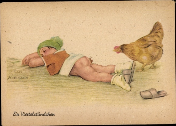 Artist Postcard Rosemann, Carl, A quarter of an hour, child taking a nap, chicken