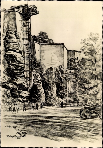 Künstler Ak Königstein an der Elbe Sächsische Schweiz, Festung Königstein, Fahrstuhl, Parkplatz