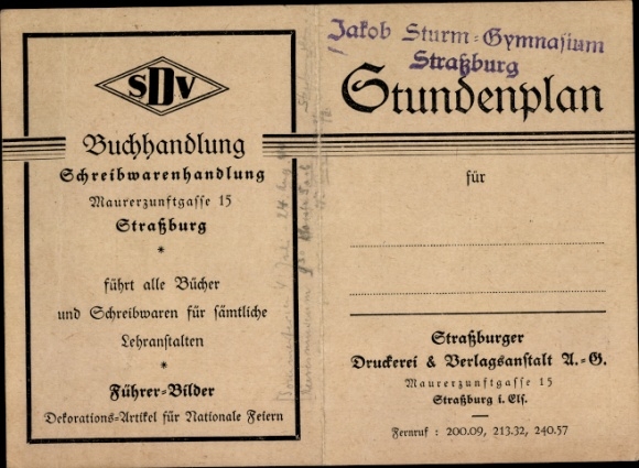 Timetable SDV bookshop stationery shop Maurerzunftgasse 15, Strasbourg around 1930