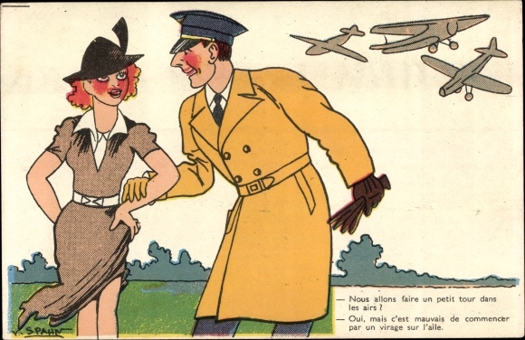 Artist PC Spahn, V., French soldier with wife, pilot, aircraft
