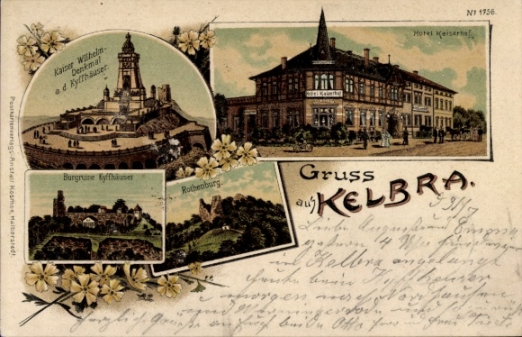 litho Kelbra Südharz, Kaiser Wilhelm-monument, kasteelruïne, Kyffhäuser, Rothenburg, Hotel Kaiserhof