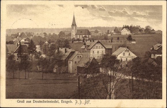 Ansichtkaart Deutscheeinsiedel Deutschneudorf in het Ertsgebergte, gedeeltelijk zicht met kerk