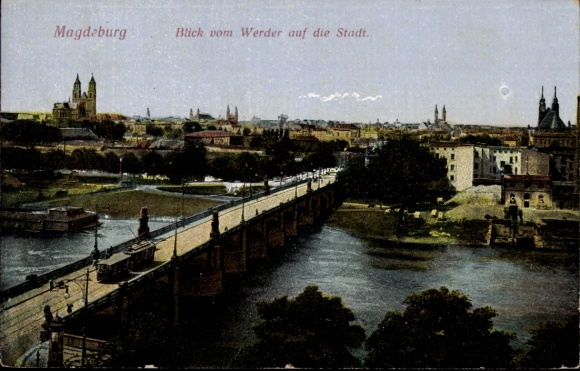 Postcard Magdeburg on the Elbe, view from Werder to the city, bridge, tram
